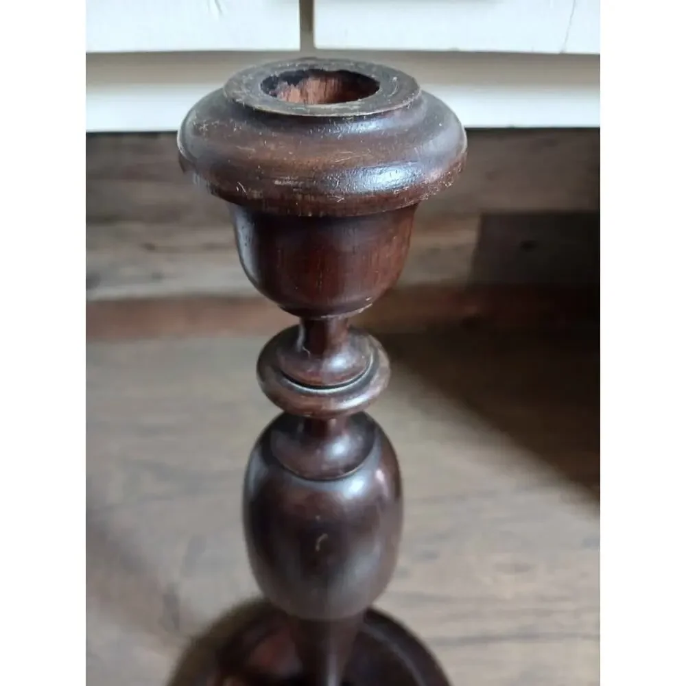 Antique Tall Hand Turned Carved Wood Candlestick